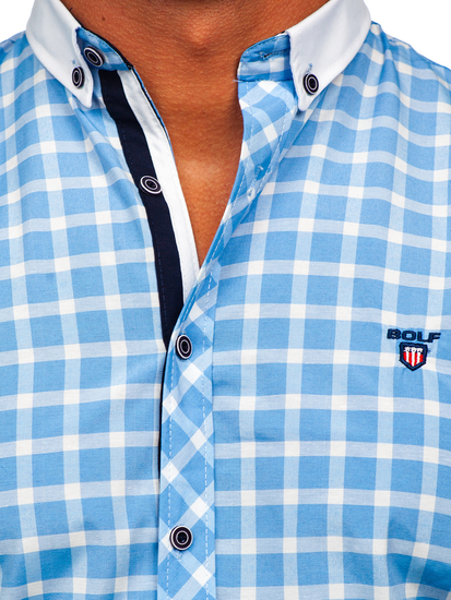 Chemise élégante à manche longue à carreaux pour homme bleue claire Bolf 5737-1