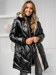 Manteau long matelassé d'hiver à capuche pour femme noir Bolf 5M3189A