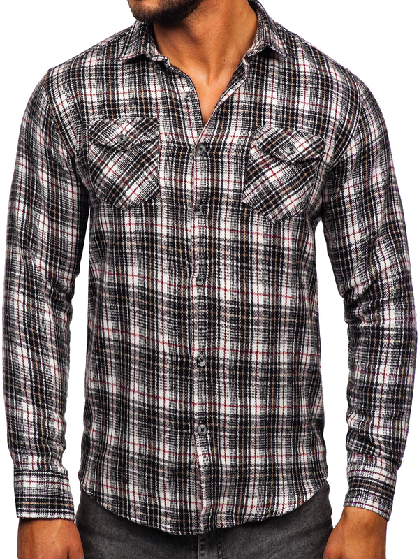 Chemise en flanelle à manche longue pour homme noire-blanche Bolf 20731-2
