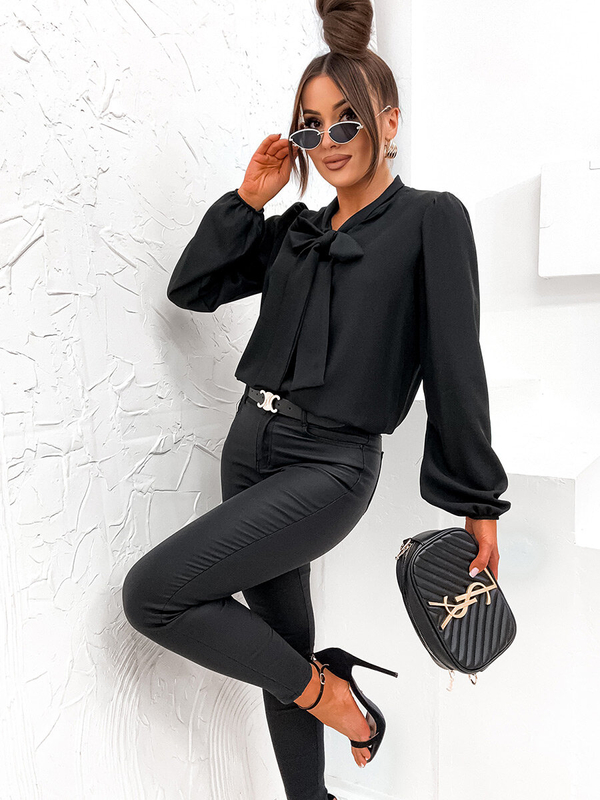 Femme Chemise élégante à manches longues avec un noeud Noir Bolf 500