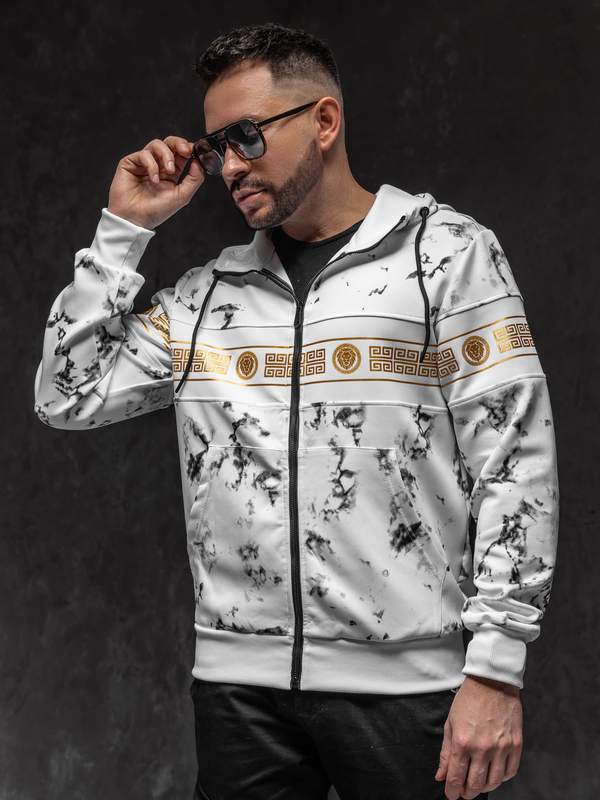 Homme Sweat-shirt à capuche imprimé avec fermeture Blanc Bolf 27B8125A1