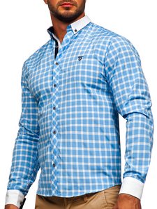 Chemise élégante à manche longue à carreaux pour homme bleue claire Bolf 5737-1