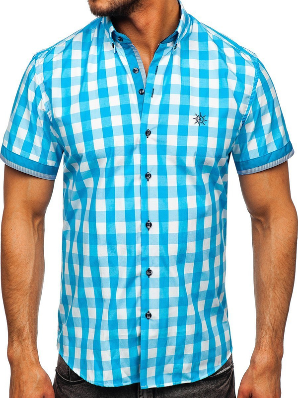 Chemise à manches courtes bleue claire à carreaux pour homme Bolf 4508