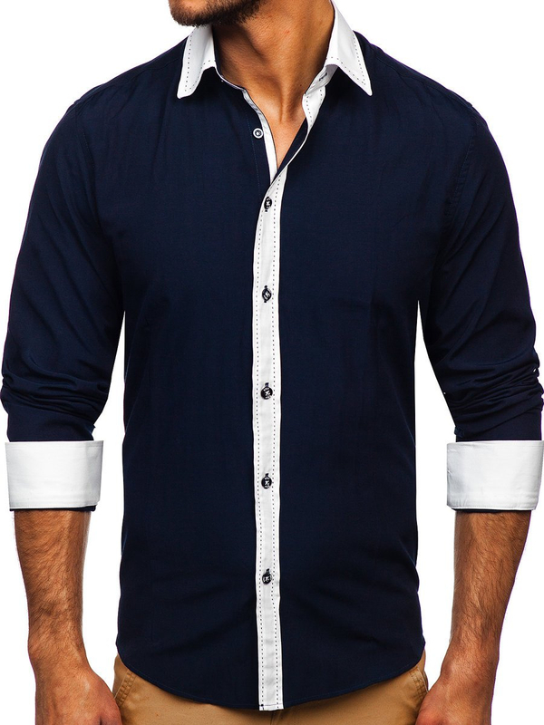 Chemise à manches longues élégante pour homme bleue foncée Bolf 6882