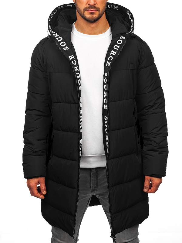 Homme Blouson d'hiver longue matelassée à capuche Noir Bolf 22M329