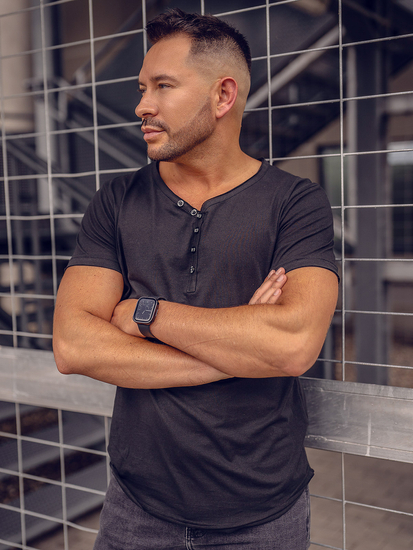 T-shirt noir uni en coton à col en V pour homme Bolf 4049A