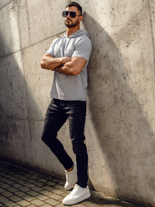 Homme T-shirt basic en coton à capuche Gris Bolf 14513A