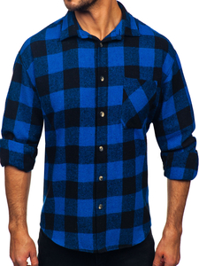Homme Chemise en flanelle à carreaux et manches longues Bleu foncé Bolf 2025-1