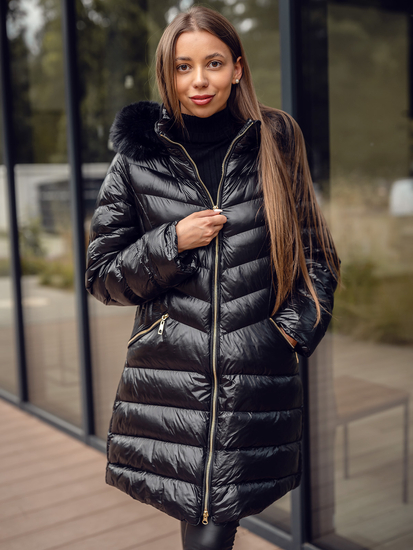 Femme Blouson d'hiver matelassée à capuche long Noir Bolf 5M3162
