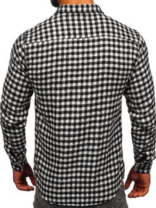 Chemise en flanelle à carreaux à manche longue pour homme noire-blanche Bolf 22701
