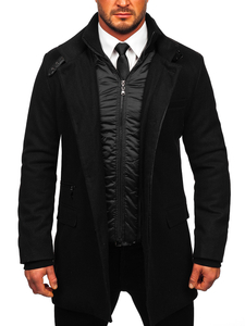 Manteau d'hiver à une rangée avec un col montant supplémentaire amovible pour homme noir Bolf 8802