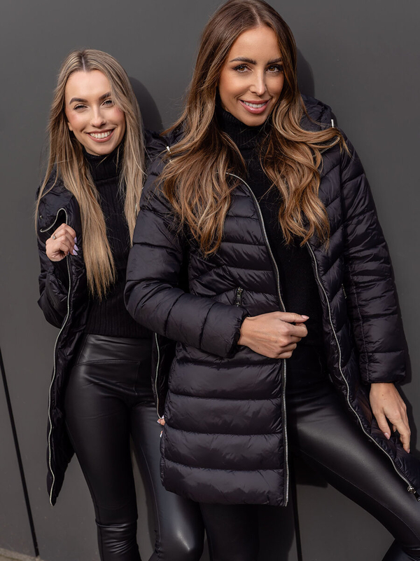 Femme Blouson d'hiver matelassée à capuche long Noir Bolf 11Z8083B