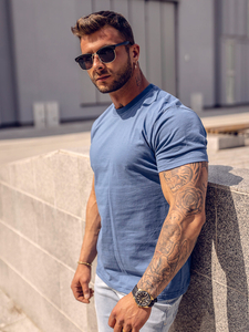 T-shirt bleu uni en coton pour homme Bolf 192397A