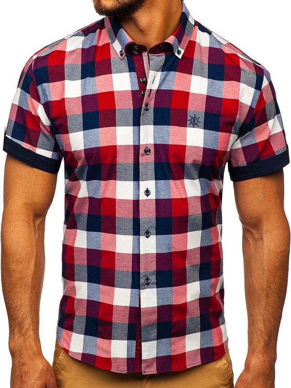Chemise pour homme a carreaux à manches courtes bordeaux Bolf 5532