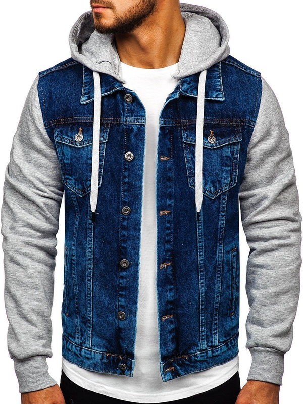 Blouson en jean pour homme à capuche bleu foncé Bolf 211902