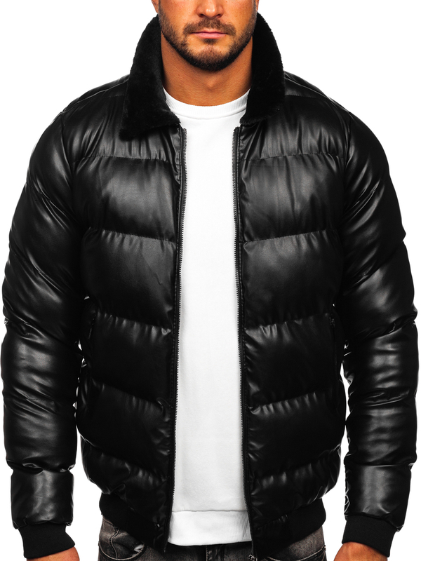 Blouson d'hiver en cuir matelassé pour homme noir Bolf 0022