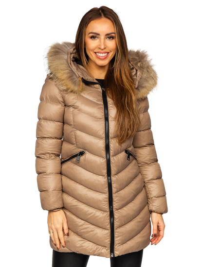 Blouson matelassé long manteau d'hiver avec fourrure naturelle pour femme marron Bolf M688