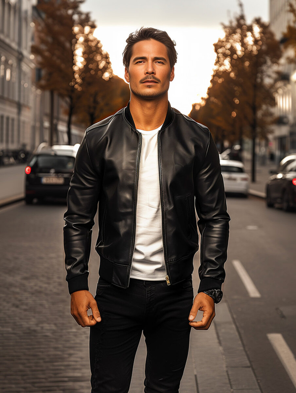 Homme Blouson bomber en cuir Noir Bolf 11Z8106