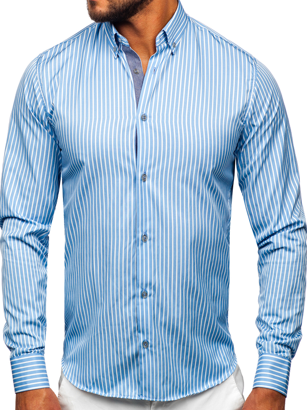 Chemise en rayures à manche longue pour homme bleue claire Bolf 22730