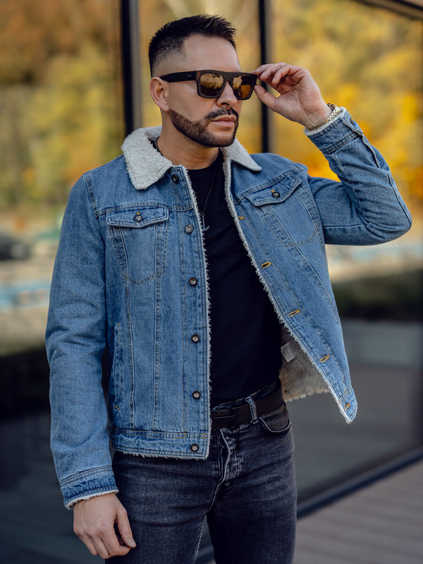 Blouson en jean isolé trucker avec col en peau bleu pour homme Bolf 1157