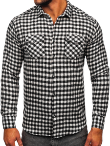 Chemise en flanelle à carreaux à manche longue pour homme noire-blanche Bolf 22701