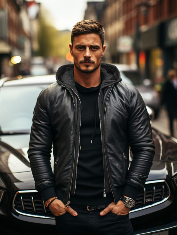 Blouson bomber en cuir pour homme noir Bolf 11Z8004