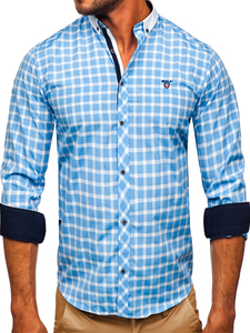 Chemise élégante à manche longue à carreaux pour homme bleue claire Bolf 5737-1