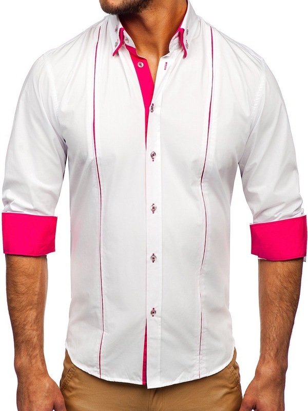 La chemise élégante avec les manches longues pour homme blanche-rose Bolf 4744