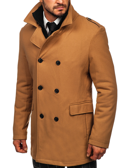 Manteau d'hiver à double boutonnage pour homme camel vec col montant supplémentaire amovible Bolf 8805