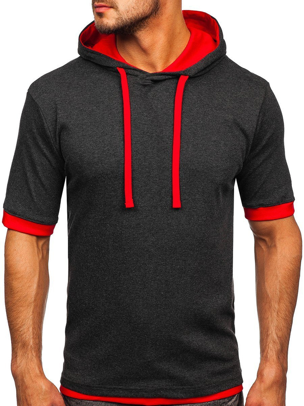 Tee-shirt uni à capuche pour homme anthracite-rouge Bolf 08-1