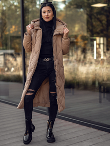 Femme Blouson d'hiver longue matelassée à capuche Camel Bolf 5M3173A