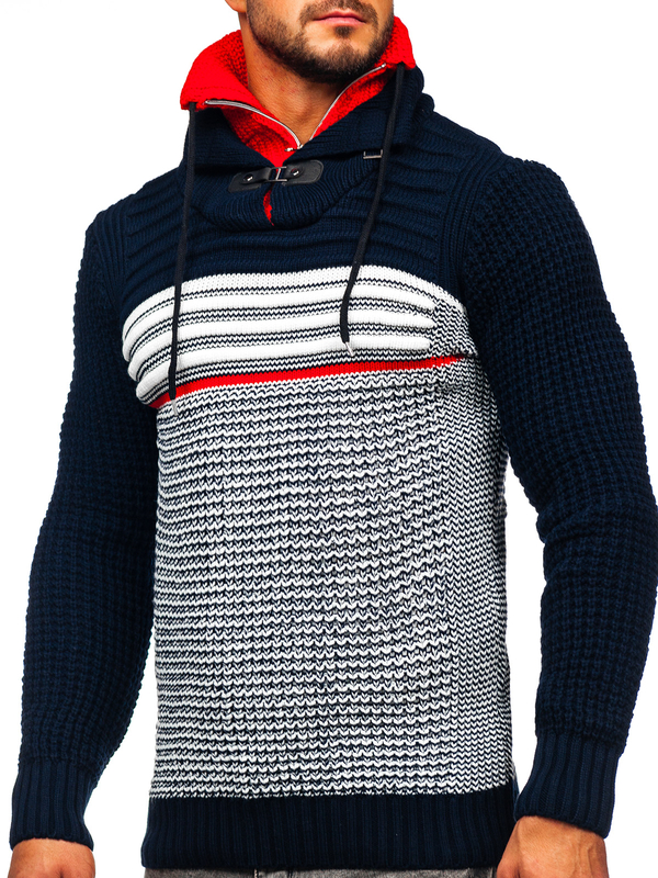 Pull épais à col montant pour homme bleu foncé-rouge Bolf 2026