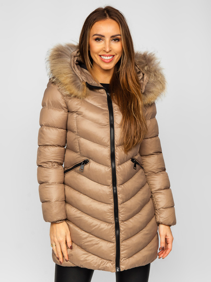 Blouson matelassé long manteau d'hiver avec fourrure naturelle pour femme marron Bolf M688