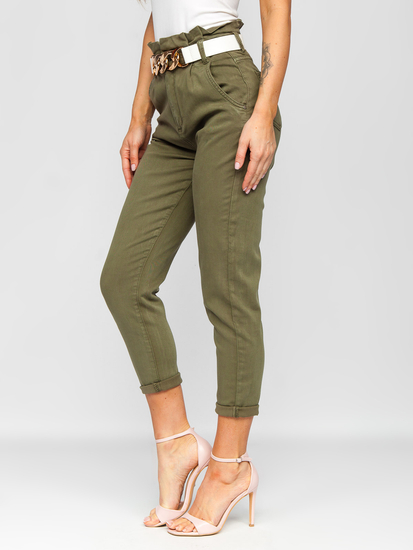 Pantalon en jean taille haute avec ceinture pour femme kaki Bolf LA687