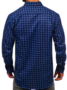 Homme Chemise de flanelle à manches longues à carreaux Bleu foncé-Blanc Bolf F4