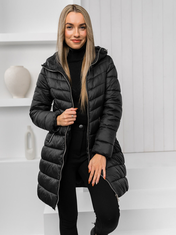 Femme Blouson d'hiver matelassée à capuche long Noir Bolf 11Z8083