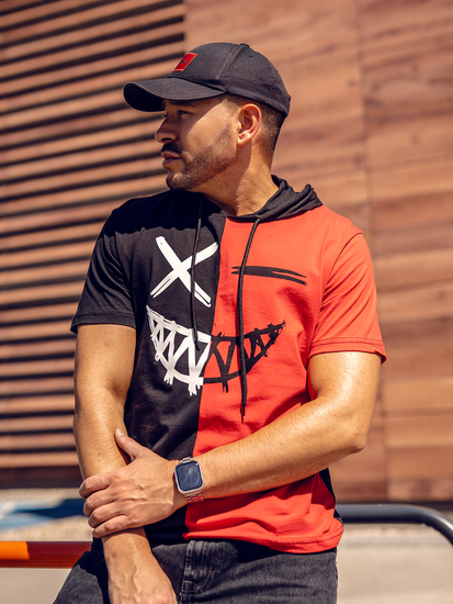Tee-shirt imprimé à capuche pour homme noir-rouge Bolf 8T981A
