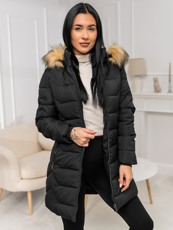 Femme Veste d'hiver avec capuche et fourrure Noir-Marron Bolf 16M9121