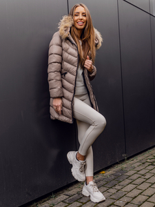 Blouson matelassé long manteau d'hiver avec fourrure naturelle pour femme marron Bolf M688