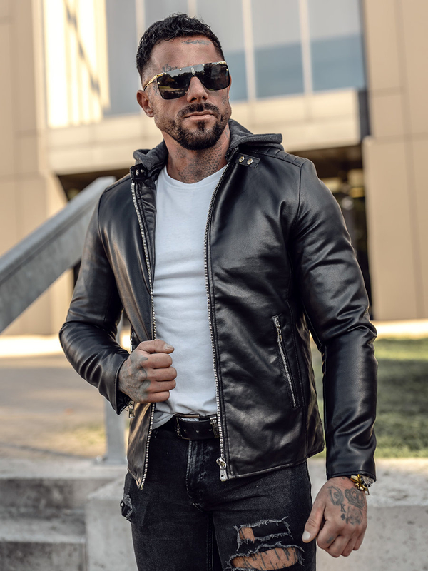 Blouson en cuir biker à capuche pour homme noir Bolf 11Z8012