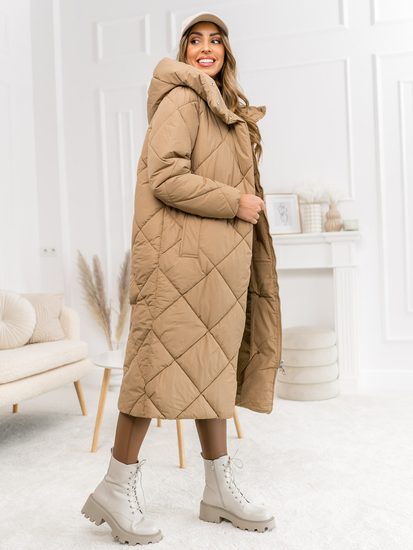 Femme Blouson matelassée d'hiver à capuche longue Camel Bolf 5M3173