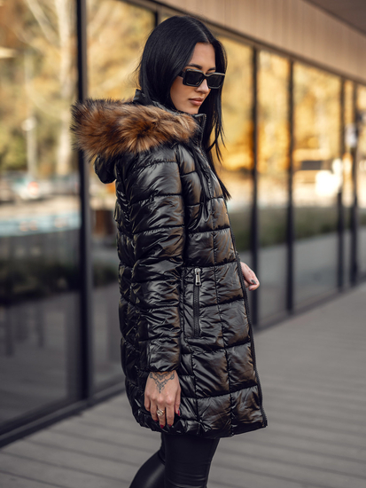 Femme Blouson d'hiver longue matelassée à capuche Noir-Marron Bolf 16M9120