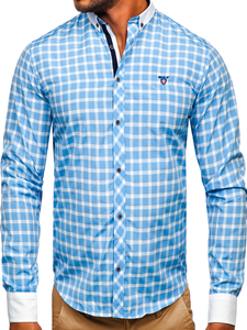 Chemise élégante à manche longue à carreaux pour homme bleue claire Bolf 5737-1