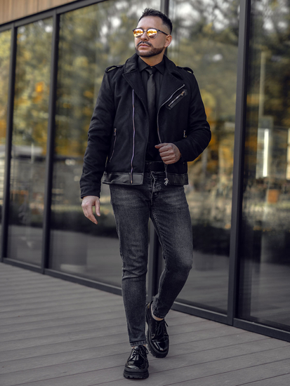 Homme Veste de motard d'hiver en cuir Noir Bolf 79M15501A