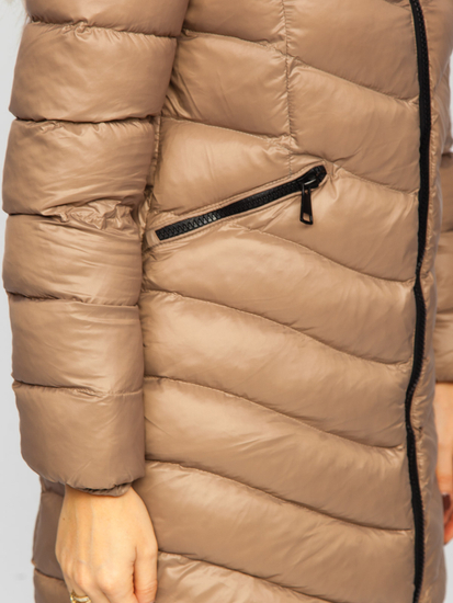 Blouson matelassé long manteau d'hiver avec fourrure naturelle pour femme marron Bolf M688