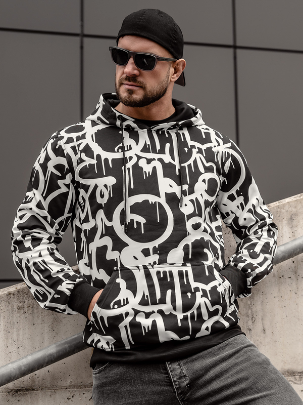 Sweat-shirt kangourou à capuche imprimé pour homme noir-blanc Bolf 8B1152A