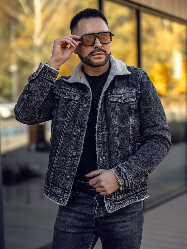 Blouson en jean isolé trucker avec col en peau noir pour homme Bolf 1160