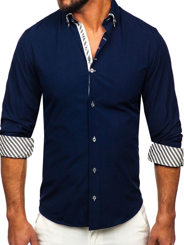 Chemise à manche longue pour homme bleue foncée Bolf 3762