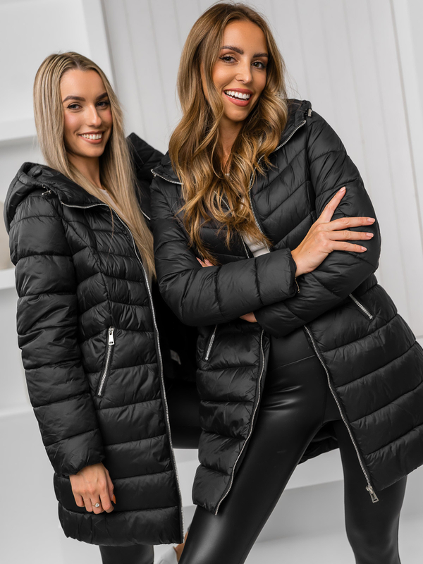 Femme Blouson d'hiver matelassée à capuche long Noir Bolf 11Z8083A