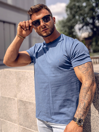 T-shirt bleu uni en coton pour homme Bolf 192397A